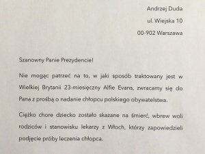 [Aktualizacja] Tygodnik Solidarność pisze petycję do A. Dudy o polskie obywatelstwo dla Alfiego Evansa!