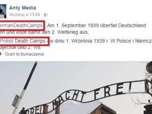 Facebook tag #GermanDeathCamps tłumaczy jako #PolishDeathCamps. Taka koincydencja