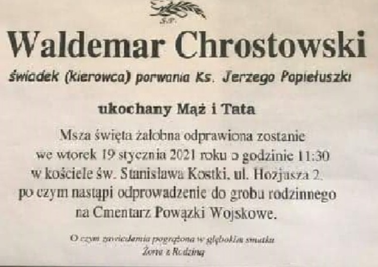 19 stycznia pogrzeb Waldemara Chrostowskiego