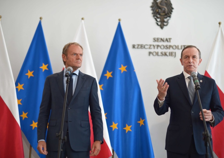 Pełniący obowiązki przewodniczącego PO Donald Tusk (L) oraz marszałek Senatu Tomasz Grodzki (P). Spotkanie Grodzki-Tusk. 