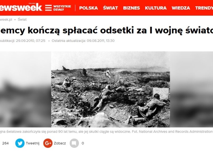  Tak Newsweek pisał o reparacjach w 2010 roku: "Niemcy spłacają I wojnę. Czy zrobią to samo wobec Polski?"