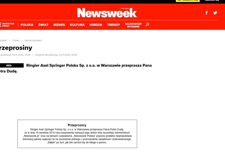 Newsweek przeprasza Piotra Dudę po 3-letnim procesie. Ale jak? Żenujące