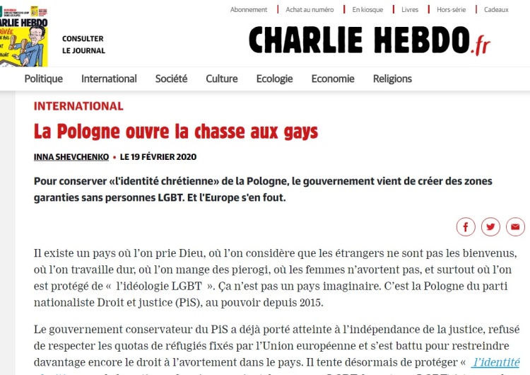  Charlie Hebdo: "Polska rozpoczyna polowanie na gejów. Rząd stworzył strefy wolne od LGBT"
