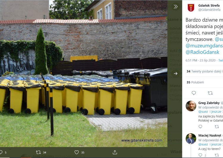  Gdańska firma sprzątająca zmagazynowała kubły na śmieci... w miejscu pamięci o Obrońcach Poczty Polskiej?