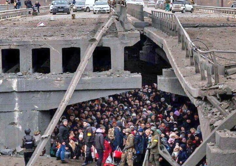 Irpień. Ludzie chroniący się pod mostem Ukraina. Dramatyczna sytuacja w obleganym Irpieniu i Buczy: od trzech dni brak wody, prądu i żywności