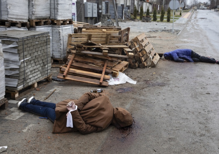 Ciała ukraińskich cywilów zabitych podczas rosyjskiej inwazji w Buczy, Ukraina, 3 kwietnia 2022 r. Ukraińska RPO: 