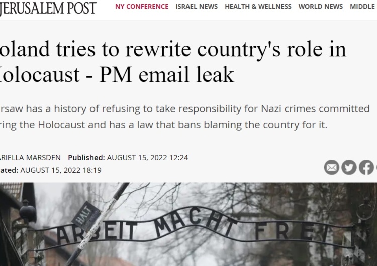 Artykuł na stronie Jerusalem Post „Polska nie chce brać odpowiedzialności za zbrodnie Holokaustu”. „The Jerusalem Post” atakuje Polskę w oparciu o artykuł „GW”