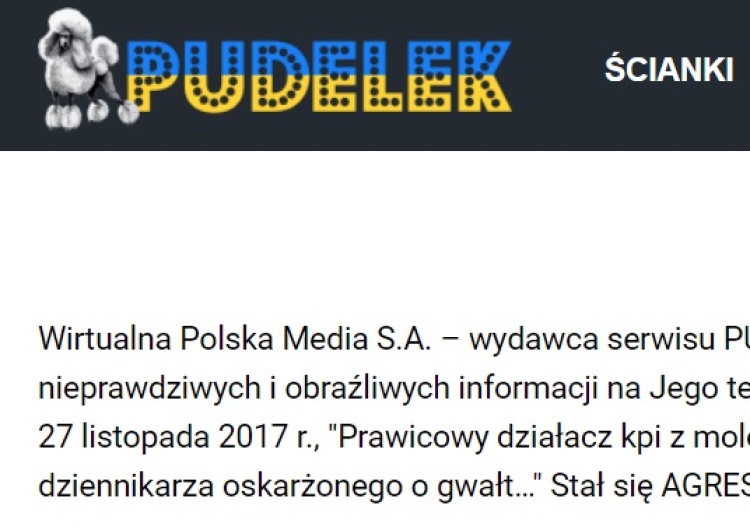 Przeprosiny na stronie Pudelka Wydawca plotkarskiego portalu Pudelek przeprasza za oskarżenia o molestowanie