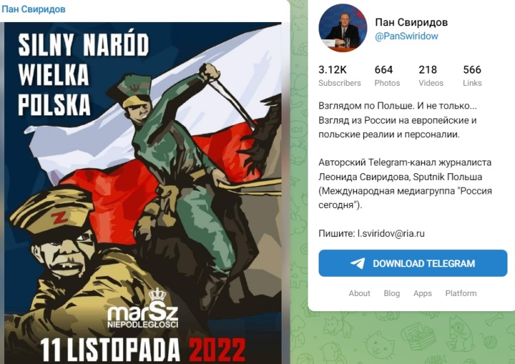 Plakat Marszu Niepodległości na profilu Leonida Swiridowa na Telegramie 